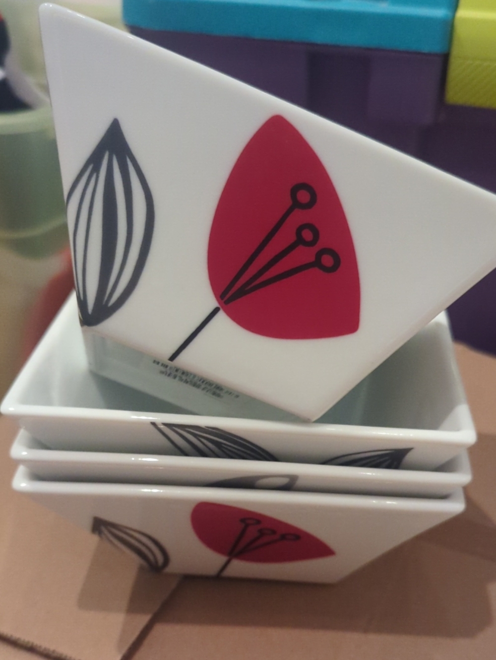 Square Ceramic Bowls with Red Floral Accent (4)